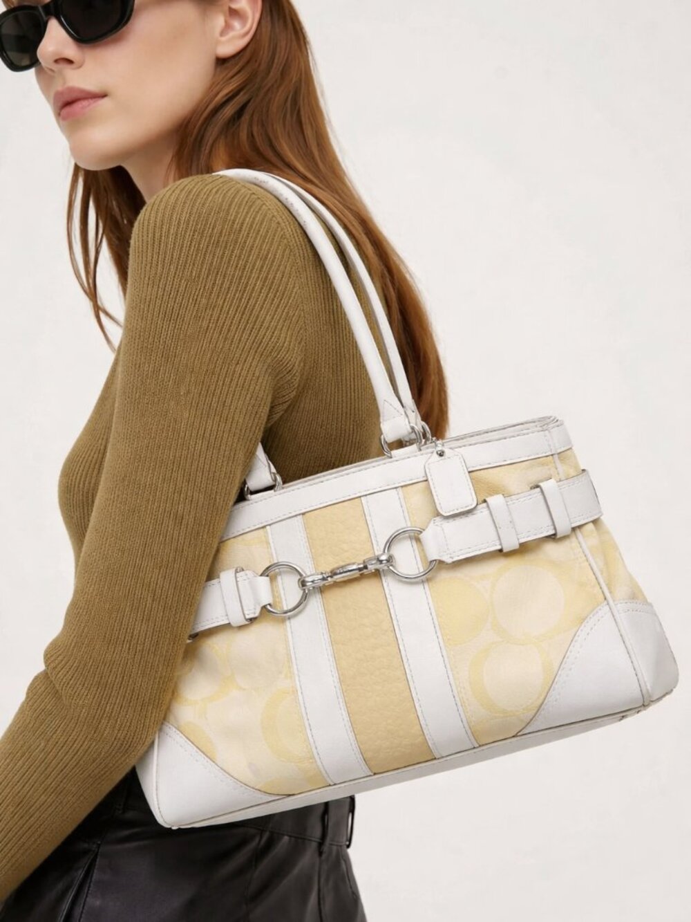 Coach Hampton Optic Signature Stripe Yellow White Double Handle Purse Bag